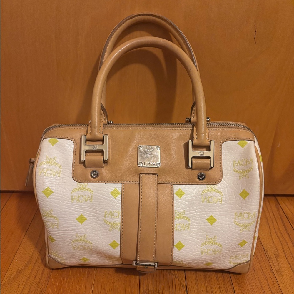 MCM Vintage Visetos Boston bag Leather White and Yellow EUC